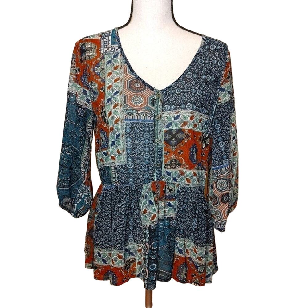 Umgee USA Size Medium M Sheer Flowy Blouse Long Half Sleeve Print Dark Colors
